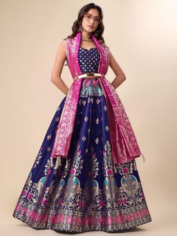 GLOBON IMPEX - Women Navy Blue Banarasi Silk Lehenga With Choli And Dupatta