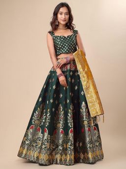 GLOBON IMPEX - Women Green Banarasi Silk Lehenga With Blouse And Dupatta