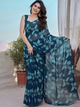 GLOBON IMPEX - Teal Printed Saree with Unstitched Blouse