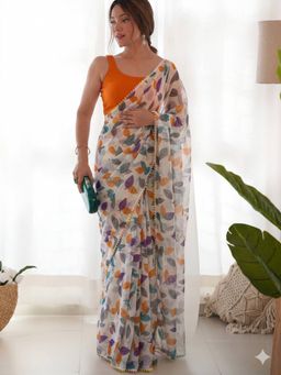 GLOBON IMPEX - Multicolor Women Printed Chiffon Saree with Unstitched Blouse
