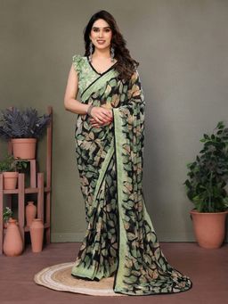 GLOBON IMPEX - Green Botanical Print Glanzavi Saree with Unstitched Blouse