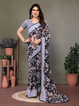 GLOBON IMPEX - Grey Elegant Floral Printed Saree with Unstitched Blouse