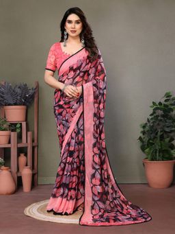 GLOBON IMPEX - Pink Glanzavi Leaf Print Elegant Party Wear Saree with Unstitched Blouse