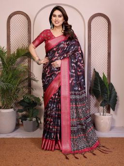 GLOBON IMPEX - Black Printed Saree with Unstitched Blouse