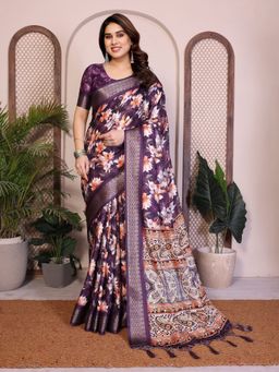 GLOBON IMPEX - Purple Floral Printed Saree with Unstitched Blouse