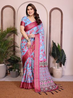 GLOBON IMPEX - Blue Printed Saree with Unstitched Blouse