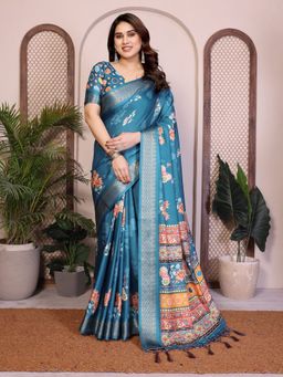 GLOBON IMPEX - Teal Floral Printed With Zari Border Saree with Unstitched Blouse