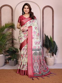GLOBON IMPEX - Yellow Women Floral Print With Zari Border Saree with Unstitched Blouse