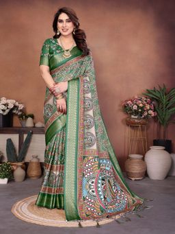 GLOBON IMPEX - Green Kalamkari Printed Saree with Unstitched Blouse