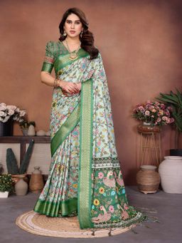 GLOBON IMPEX - Green Floral Print With Rich Green Border Saree with Unstitched Blouse