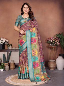 GLOBON IMPEX - Green Traditional Printed With Rich Border Saree with Unstitched Blouse