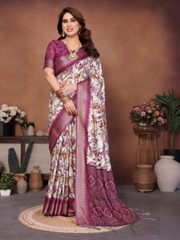 GLOBON IMPEX - Wine Printed Saree with Unstitched Blouse
