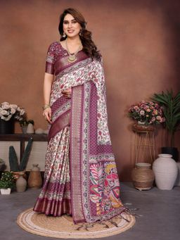 GLOBON IMPEX - Wine Printed Saree with Unstitched Blouse