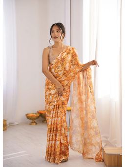 GLOBON IMPEX - Yellow Floral Printed With Mirror Border Saree with Unstitched Blouse