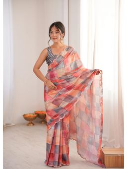 GLOBON IMPEX - Multicolor Printed With Mirror Border Saree with Unstitched Blouse