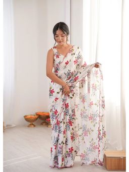 GLOBON IMPEX - White Printed Saree with Unstitched Blouse