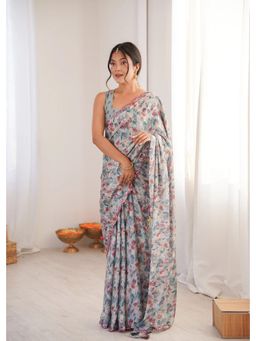 GLOBON IMPEX - Grey Printed With Mirror Border Saree with Unstitched Blouse