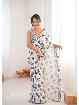 GLOBON IMPEX - White Printed Saree with Unstitched Blouse