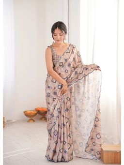 GLOBON IMPEX - Beige Printed With Mirror Border Saree with Unstitched Blouse