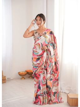GLOBON IMPEX - Multicolor Printed With Mirror Border Saree with Unstitched Blouse