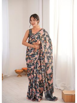 GLOBON IMPEX - Black Printed With Mirror Border Saree with Unstitched Blouse