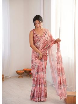 GLOBON IMPEX - Pink Floral Printed With Mirror Border Saree with Unstitched Blouse