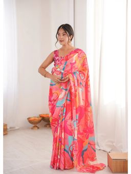 GLOBON IMPEX - Orange Printed With Mirror Border Saree with Unstitched Blouse