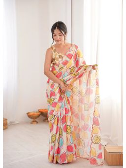 GLOBON IMPEX - Cream Printed With Mirror Border Saree with Unstitched Blouse