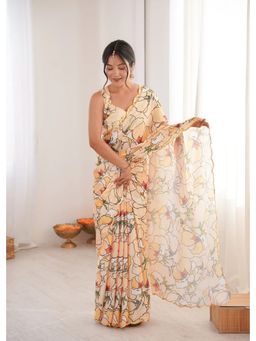 GLOBON IMPEX - Yellow Printed Saree with Unstitched Blouse