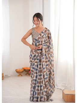 GLOBON IMPEX - Beige Printed With Mirror Border Saree with Unstitched Blouse