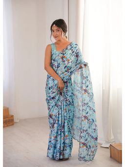 GLOBON IMPEX - Blue Printed With Mirror Border Saree with Unstitched Blouse