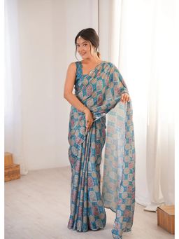 GLOBON IMPEX - Blue Printed With Mirror Border Saree with Unstitched Blouse