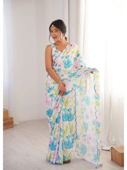 GLOBON IMPEX - White Printed Saree with Unstitched Blouse