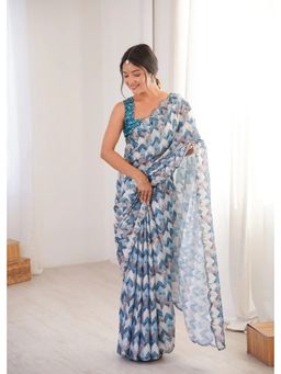 GLOBON IMPEX - Blue Printed With Mirror Border Saree with Unstitched Blouse