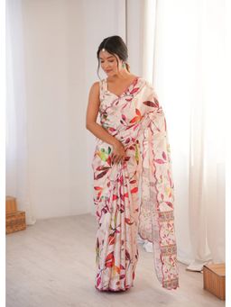 GLOBON IMPEX - Cream Printed With Mirror Border Saree with Unstitched Blouse