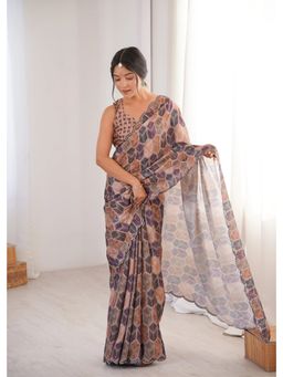 GLOBON IMPEX - Beige Printed With Mirror Border Saree with Unstitched Blouse