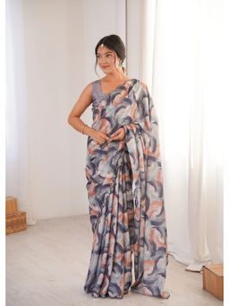 GLOBON IMPEX - Grey Printed With Mirror Border Saree with Unstitched Blouse