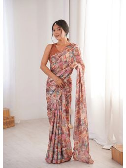 GLOBON IMPEX - Peach Printed With Mirror Border Saree with Unstitched Blouse