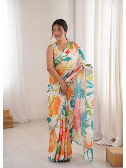 GLOBON IMPEX - White Printed Saree with Unstitched Blouse