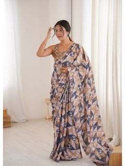 GLOBON IMPEX - Beige Printed With Mirror Border Saree with Unstitched Blouse