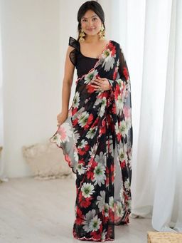 GLOBON IMPEX - Black Floral Printed Georgette Saree with Unstitched Blouse