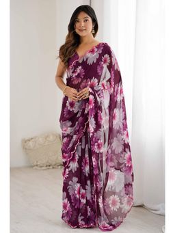 GLOBON IMPEX - Wine Printed Saree with Unstitched Blouse