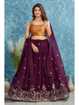 GLOBON IMPEX - Women Wine Silk Lehenga With Blouse And Dupatta