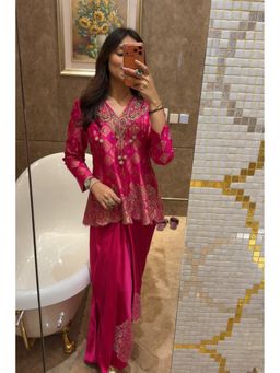 Dareiss - Magenta Assi Gulnaar Hand Embroidered Banarasi Kurta and Drape Skirt Set