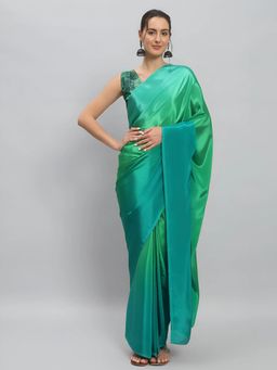 GLOBON IMPEX - Green Emerald Satin Silk Ready To Wear Saree with Unstitched Blouse