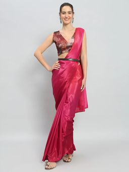 GLOBON IMPEX - Pink Satin Silk Ready To Wear Saree with Unstitched Blouse