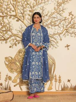 Gulabo Jaipur - Amil Blue Straight Kurta with Pant and Dupatta