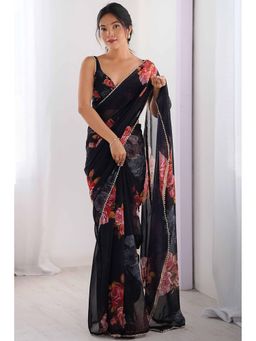 GLOBON IMPEX - Black Rose Printed Georgette With Pearl Border Saree with Unstitched Blouse