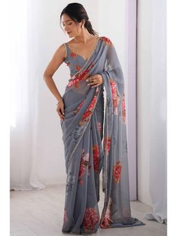 GLOBON IMPEX - Grey Rose Printed Georgette With Pearl Border Saree with Unstitched Blouse