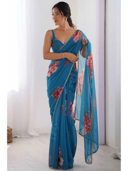 GLOBON IMPEX - Blue Printed Saree with Unstitched Blouse